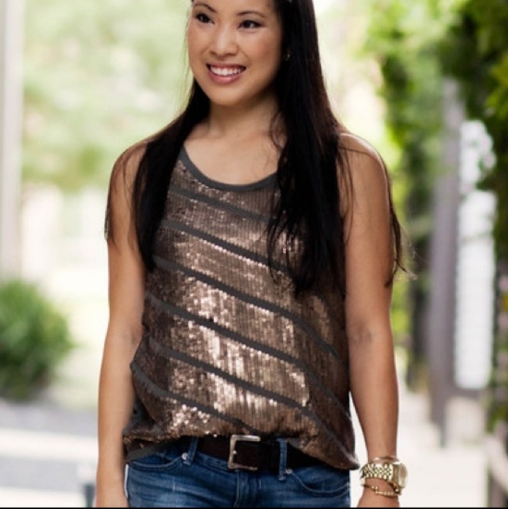 Loft sequin stripe chiffon raw edge tank size medium